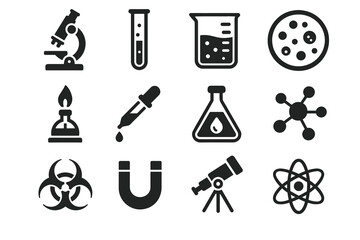 Science icons set: microscope, test tube, beaker, molecule, atom, telescope, magnet