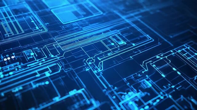 Futuristic printed circuit board glowing in blue light, representing advanced technology