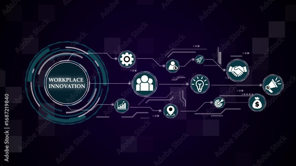 Poster workplace innovation theme representing teamwork and technology, business, internet and network conc