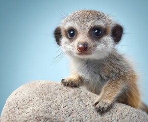 Fototapeta premium A small, adorable meerkat pup gazes directly at the viewer, perched atop a weathered rock against a pale blue backdrop.