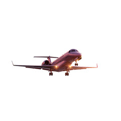 Sleek private jet descends gracefully catching warm golden hour light, symbolizing luxury travel and executive mobility