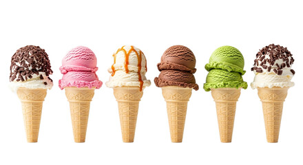 Variety of ice cream cones isolated on transparent background for summer