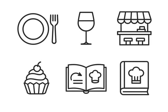 Culinary symbols: plate, glass, market stand, cupcake, cookbook icons set
