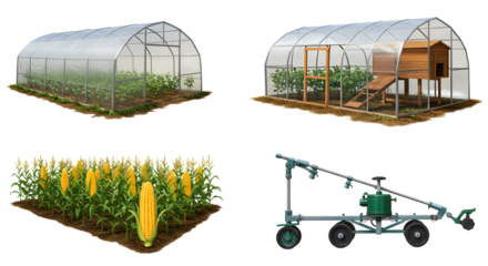 FARMING - Modern greenhouse with hydroponic plants, corn field, and agricultural irrigation system, sustainable farming and fresh produce concept