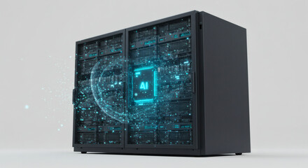 Advanced artificial intelligence concept with a glowing AI processor chip and digital sphere over server racks