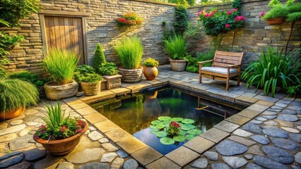 Serene Courtyard Oasis Featuring a Reflecting Pond and Stone Patio