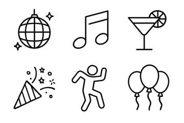 Party icons: disco ball, music note, cocktail, celebration, dance, balloons