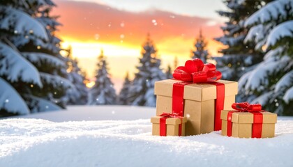 Gift boxes in snowy winter forest at sunset