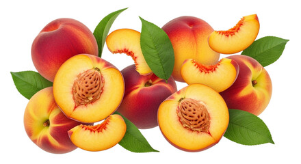 Fresh peaches and nectarines isolated on a transparent background, healthy fruit