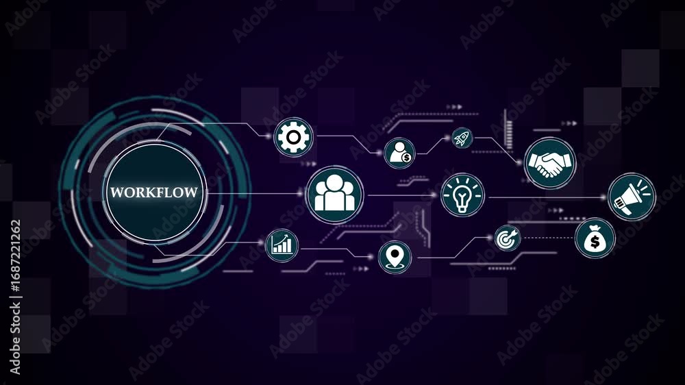 Poster animated workflow concept depicting teamwork collaboration and process management in business, busin
