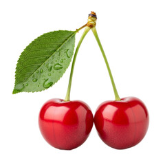 Two ripe red cherries with a green leaf isolated on transparent background