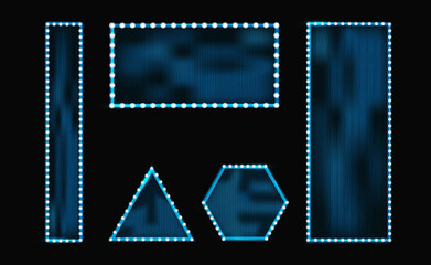 Various geometric shapes including a triangle, rectangle, and hexagon are illuminated by blue lights against a dark background, creating an eye-catching visual display.