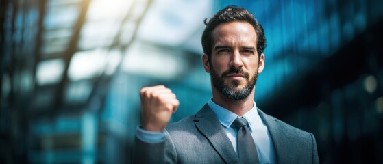 The businessman celebrating success with conviction and confidence in an urban setting.