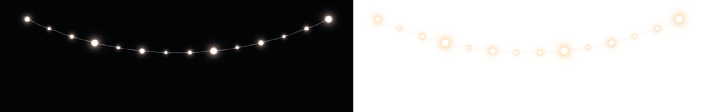 Elegant string lights overlay on black and white backgrounds, creating a whimsical atmosphere for festive decorations, enhancing visual appeal for various design projects