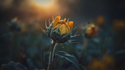 Obraz premium Close-up of a vibrant sunflower bud bathed in warm golden hour sunlight, showcasing intricate details and soft bokeh background