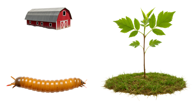FARMING - Red barn, green plant seedling with soil, and orange caterpillar isolated on white background, perfect for agricultural and environmental concepts