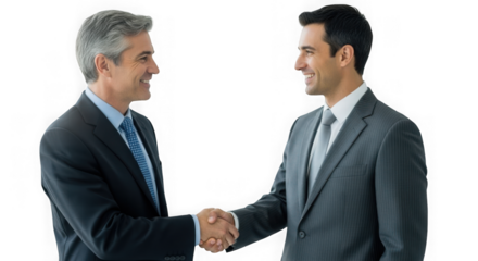 Two businessmen shaking hands confidently in a professional handshake agreement business partnership success concept transparent background