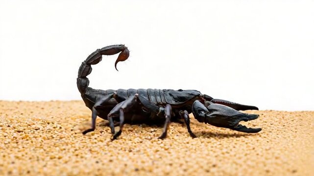 Menacing Black Emperor Scorpion Crawling Across Desert Sand on a Clean White Background.