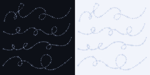 Elegant light swirl patterns in white and blue tones on contrasting dark and light backgrounds, creating a visually appealing decorative overlay for various design projects