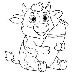 Cute cartoon cow holding a milk bottle, coloring page for kids