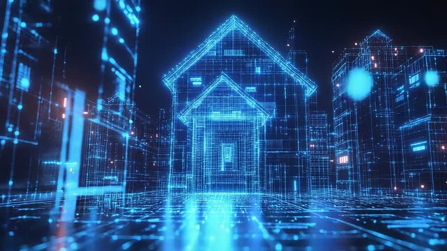 Futuristic smart city with glowing buildings and houses
