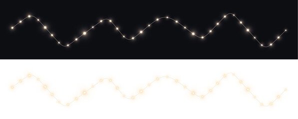 Decorative string lights overlay in two contrasting styles, one on a dark background and the other on a light background, enhancing festive and cozy atmospheres for various design projects