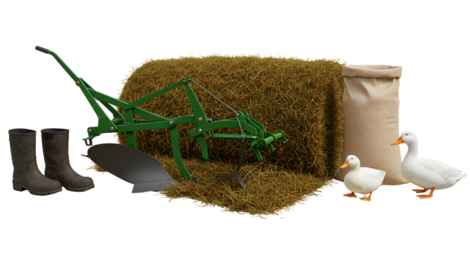 FARMING - Rustic farming tools with green plow, hay bale, sack, rubber boots, and white ducks isolated on white background, perfect for agricultural themes