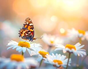 Fototapeta premium Colorful Butterfly on White Daisy Flower in Soft Sunset Light