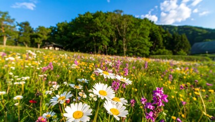 Colorful meadow flowers under a clear blue sky