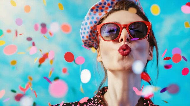 Fashionable woman blowing confetti with playful expression against vibrant background