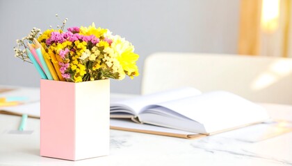 Colorful flowers and pencils in a box on a desk