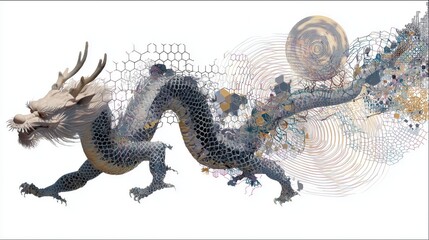 Chinese dragon with geometric pattern and sphere