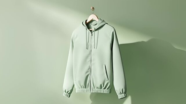 Minimalist green hoodie hanging against a soft green wall, showcasing modern fashion design