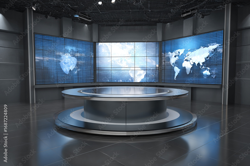 Poster modern news studio design with circular desk and large screens showing world maps and data
