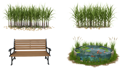 FARMING - Set of realistic garden elements including grass, park bench, and a pond with fish, perfect for outdoor or landscape design projects