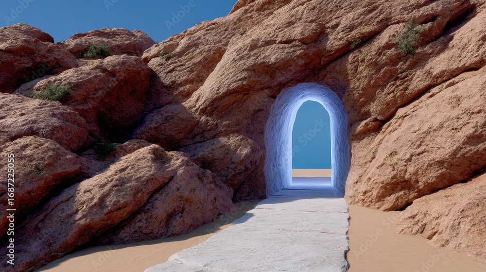 Poster the bottom, a glowing portal in a dreamlike setting, creating an ethereal atmosphere for imaginative