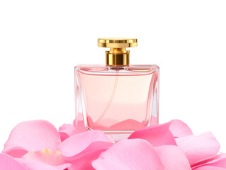 Crystal Luxury Perfume Bottle with Pink Roses and Golden Accents, Isolated PNG  
