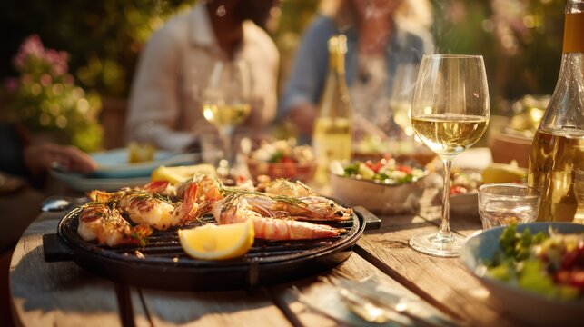 A couple grilling seafood on a sunny patio, with wine glasses and fresh salads on the table. - Powered by Adobe