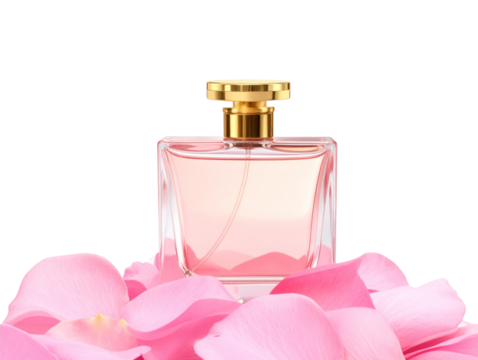 Crystal Luxury Perfume Bottle with Pink Roses and Golden Accents, Isolated PNG