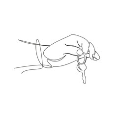 One continuous single drawing line art flat doodle holding, key, man, person, business, new, hand, selling, male, security. Isolated image hand draw contour on a white background, hand drawn, not AI