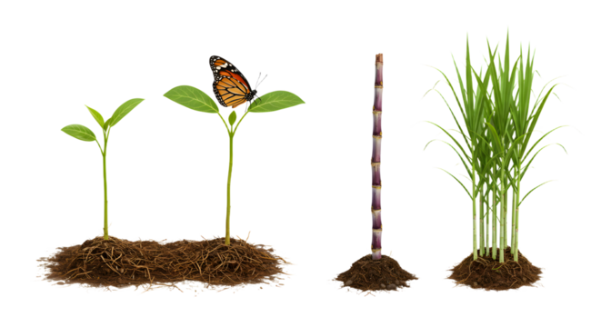FARMING - Stages of sugarcane plant growth isolated on white background showing seedling roots, sprouting shoot, and mature green leaves, perfect for agriculture and botany projects