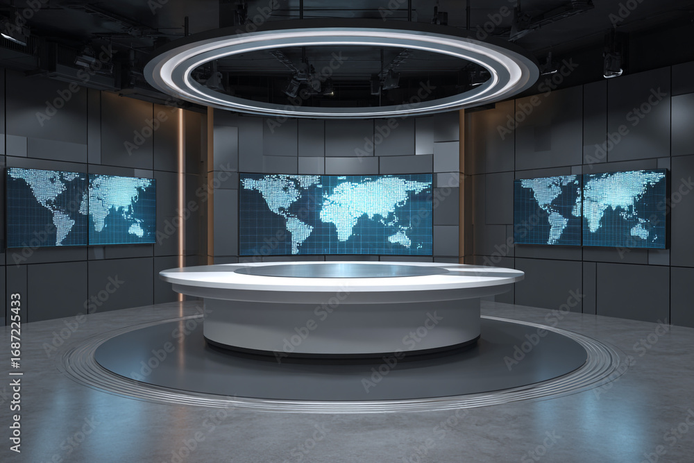 Poster modern news studio design circular desk world map displays dark walls