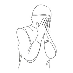 One continuous single drawing line art flat doodle person, islam, religion, praying, spirituality, man, ramadan, adult, koran. Isolated image hand draw contour on a white background, hand drawn, not A