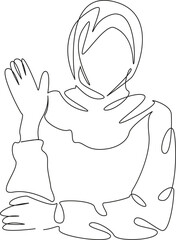 One continuous single drawing line art flat doodle child, learning, education, classroom, student, school, cognition, schoolgirl, islam, muslim. Isolated image hand draw contour on a white background,