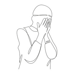 One continuous single drawing line art flat doodle person, islam, religion, praying, spirituality, man, ramadan, adult, koran. Isolated image hand draw contour on a white background, hand drawn, not A