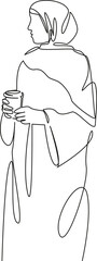 One continuous single drawing line art flat doodle woman, hot drink, muslim, person, lifestyle, cafe, smiling, modern, portrait, cup. Isolated image hand draw contour on a white background, hand drawn