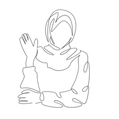 One continuous single drawing line art flat doodle child, learning, education, classroom, student, school, cognition, schoolgirl, islam, muslim. Isolated image hand draw contour on a white background,