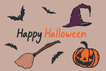 Obraz premium Happy Halloween Greeting Card with Witch Hat Pumpkin and Bats. A festive Halloween illustration featuring a witch hat, carved pumpkin, broomstick, and flying bats. Perfect for holiday celebrations