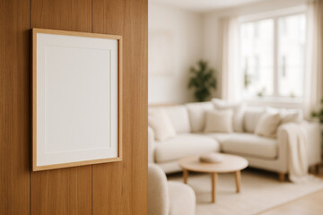 Blank picture frame mockup, modern living room interior, wood accent wall background, contemporary home decor, cozy lifestyle template, empty frame for copy space