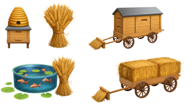 FARMING - Traditional beehive, hay bundles, goldfish pond, wooden wagons with straw bales and farming tools, rural vintage agricultural items for rustic decoration